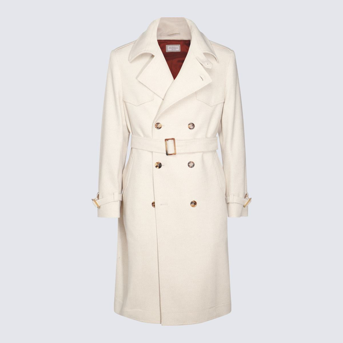 brunello cucinelli cream wool blend trench coat