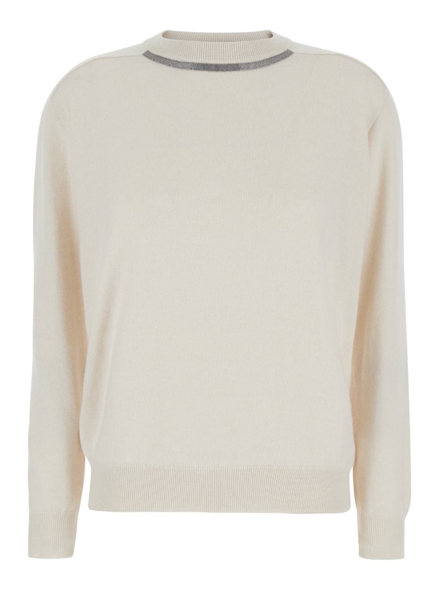 beige crewneck sweater with monil detail on the neck in cashmere woman