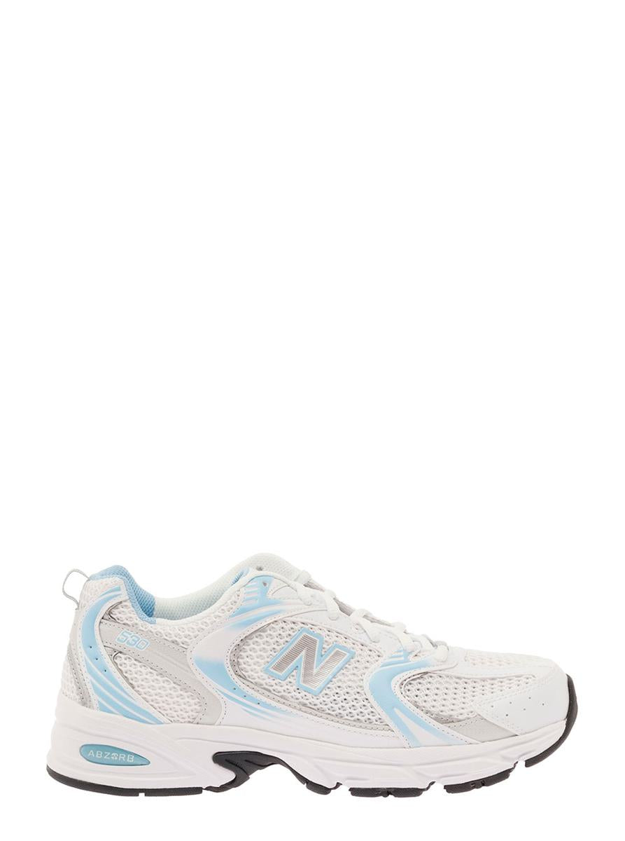 '530' white and light blue low top sneakers with logo patch in tech fabric man