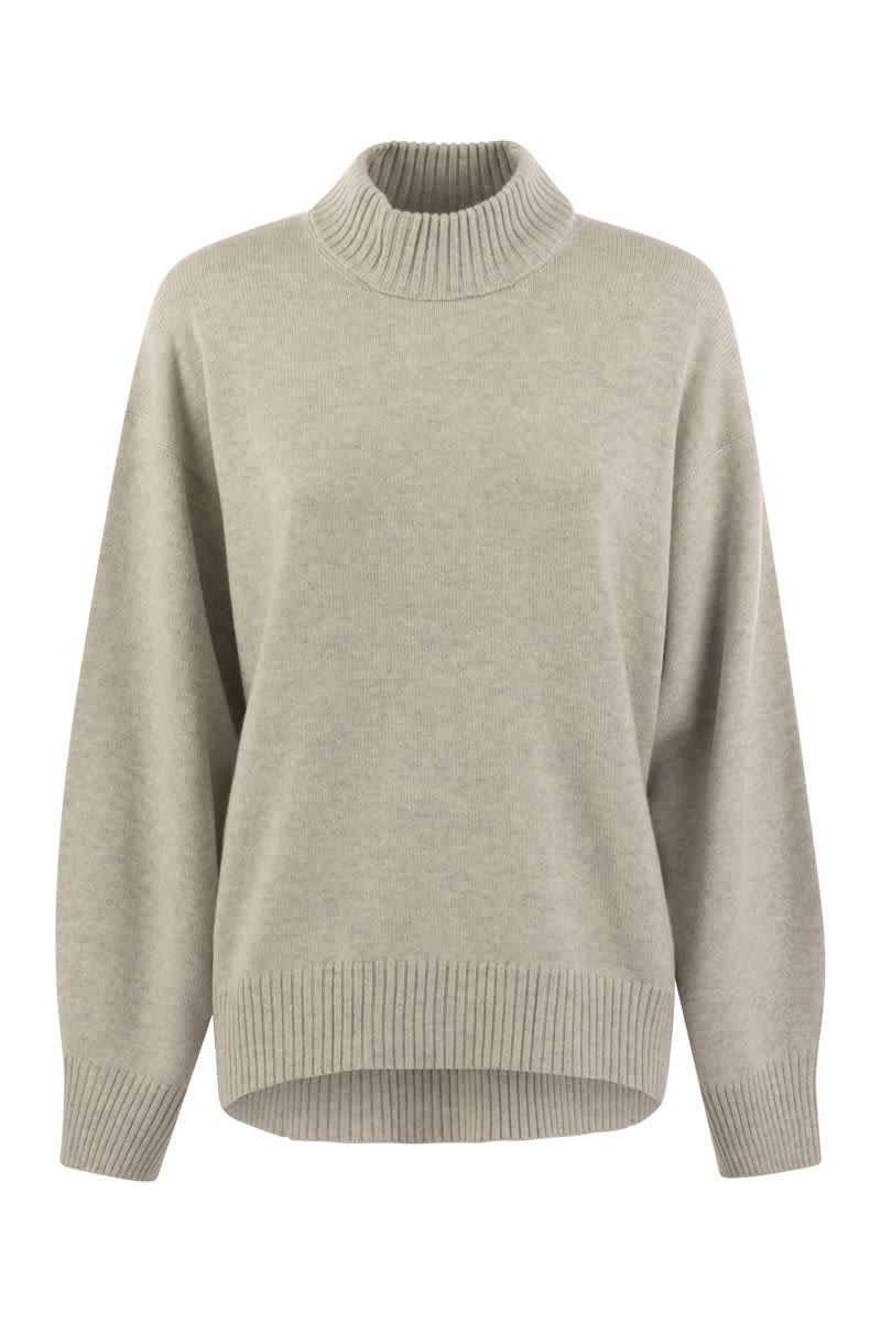 brunello cucinelli cashmere chimney neck sweater with shiny cuff details