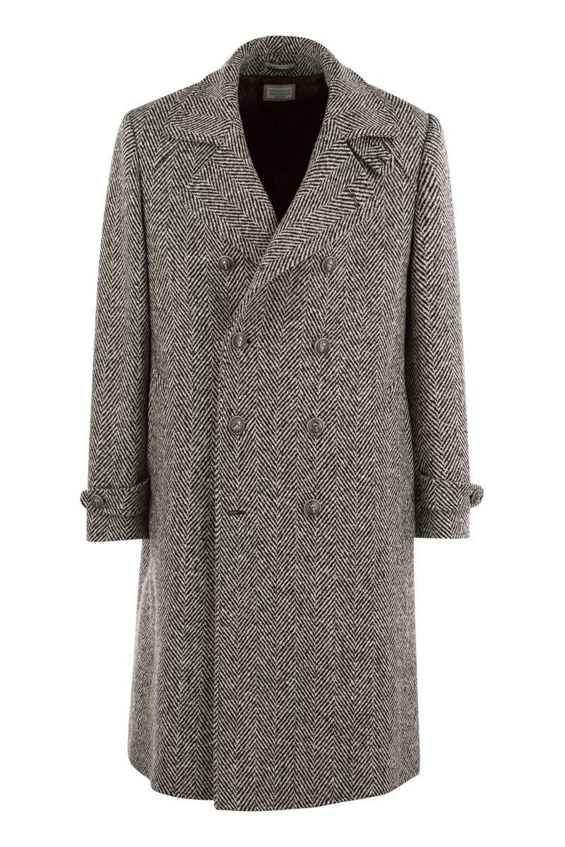 brunello cucinelli one-and-a-half-breasted coat in herringbone virgin wool