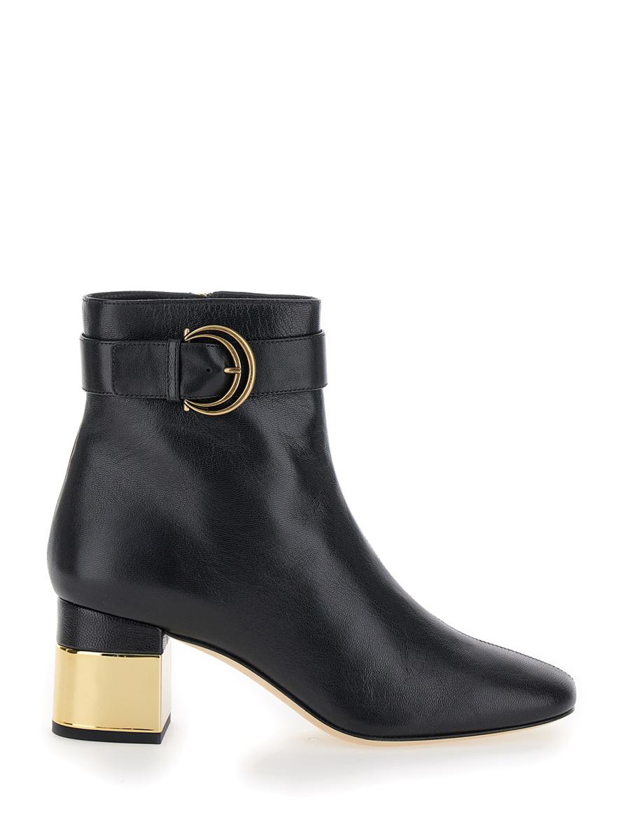 'alize' black ankle boots with c buckle in smooth leather woman