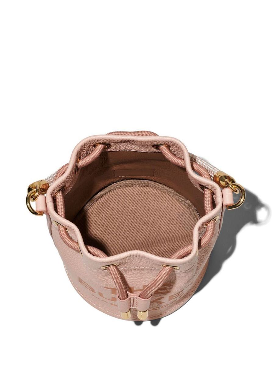 'the leather bucket' mini pink handbag with drawstring and front logo in hammered leather woman