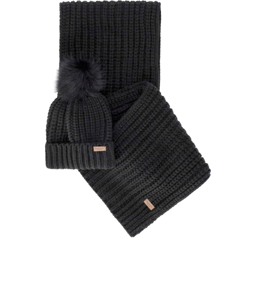 barbour saltburn black beanie + scarf set