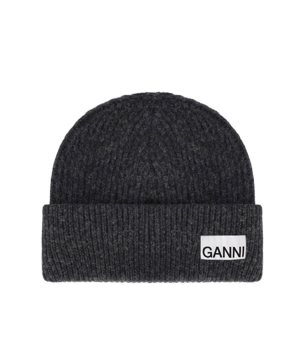 ganni dark grey ribbed beanie