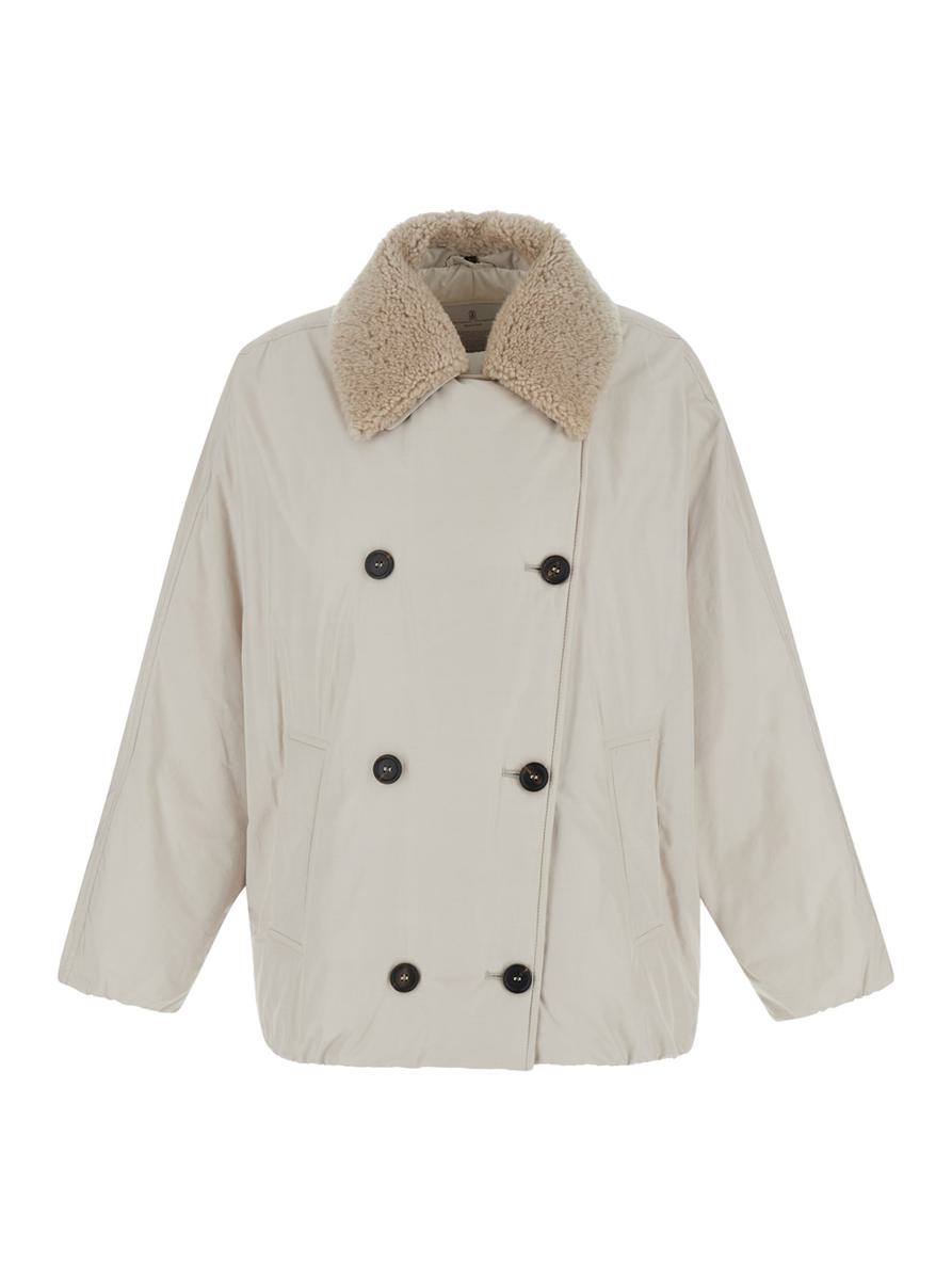 beige double-breasted jacket with spread collar in tech fabric woman