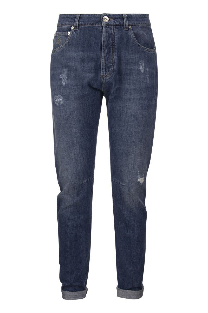 brunello cucinelli five-pocket leisure fit trousers in old denim with rips