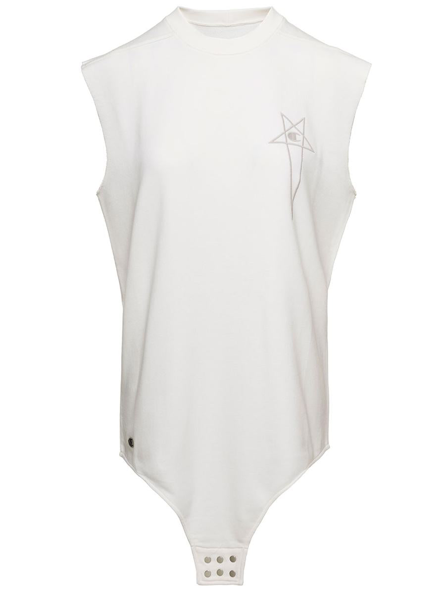 'sl body' long white tank top with pentagram embroidery and a six snap closure hanging in cotton woman