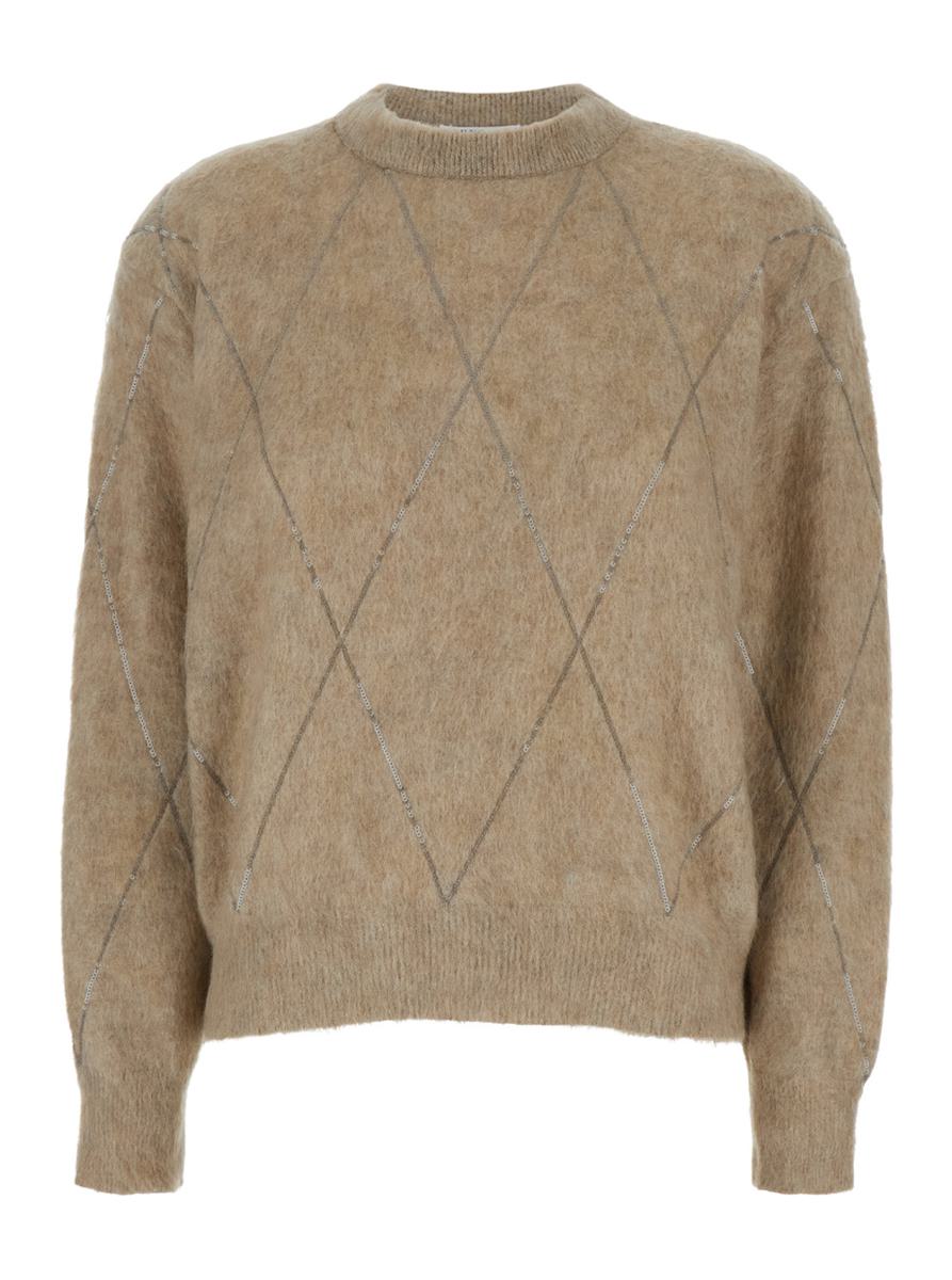 beige crewneck sweater with all-over argyle motiv in brushed wool woman