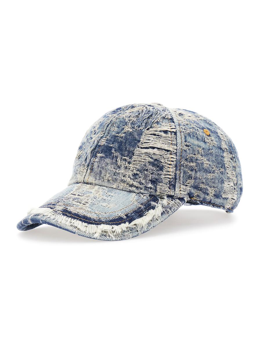 light blue baseball cap with curved brim and distressed effect in denim man