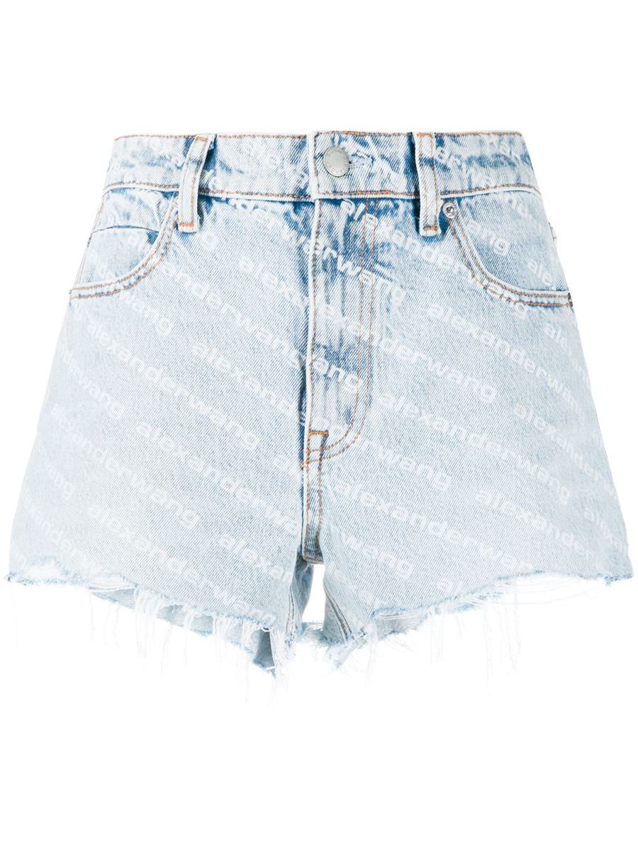 alexander wang denim shorts with logo print and frayed hem