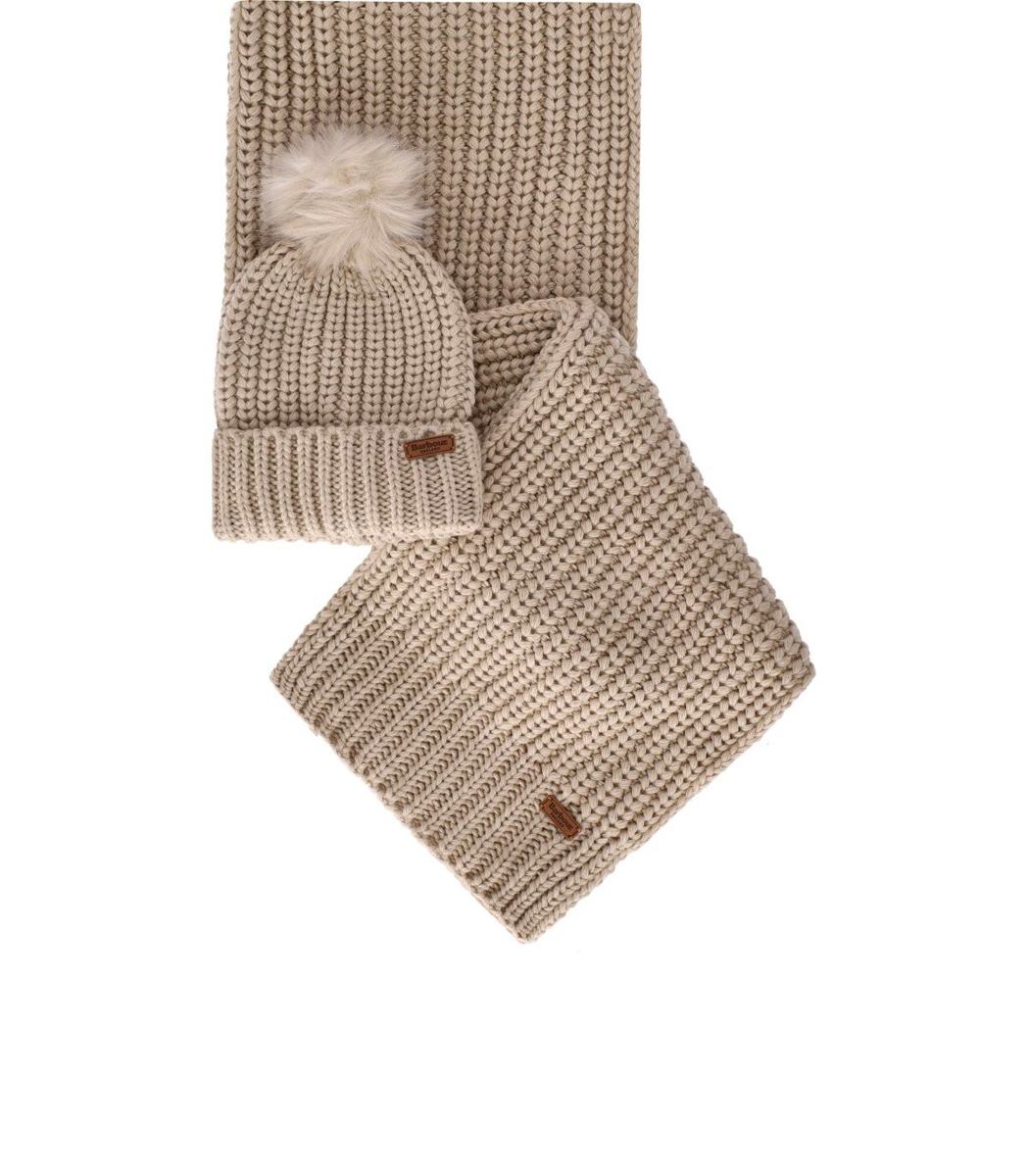 barbour saltburn beige beanie + scarf set