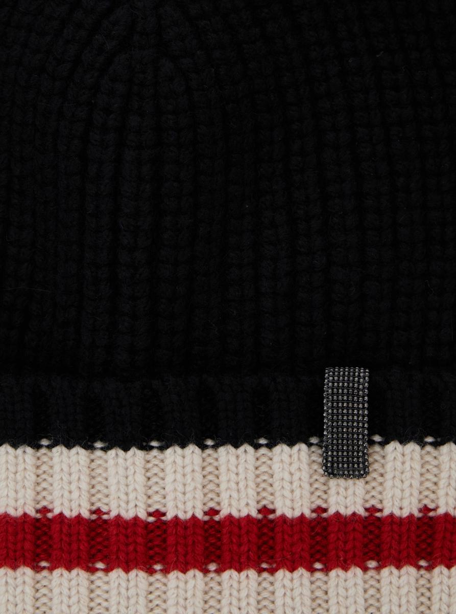 black beanie with tricolor and monile detail in cashmere woman