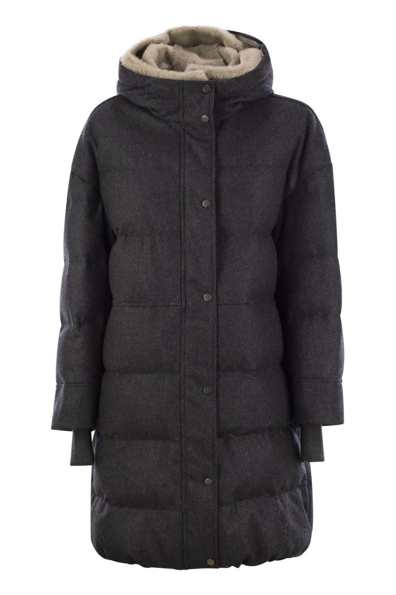 brunello cucinelli pure new wool down jacket with sheepskin hood