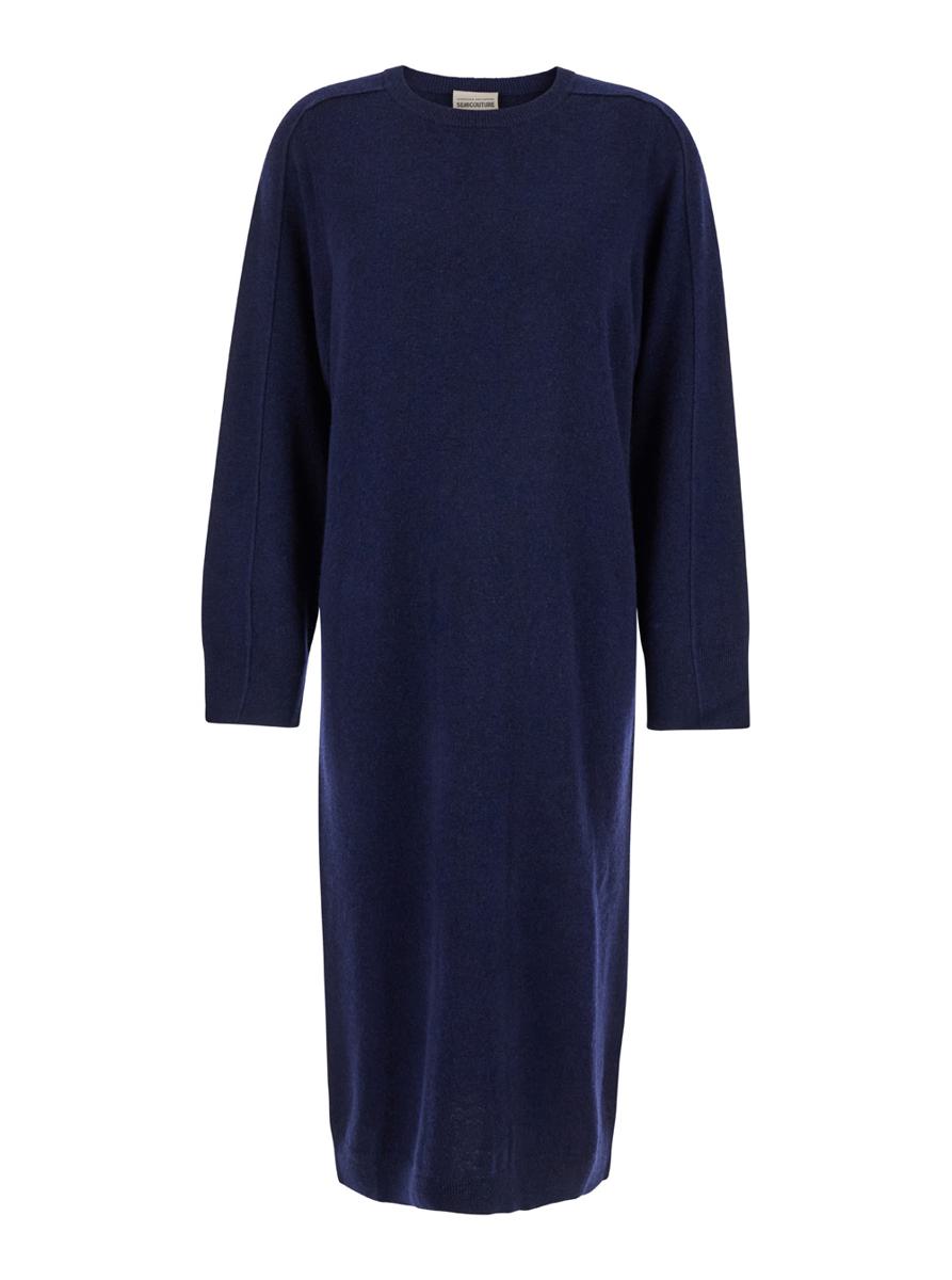 blue crewneck midi dress in wool and cashmere blend woman