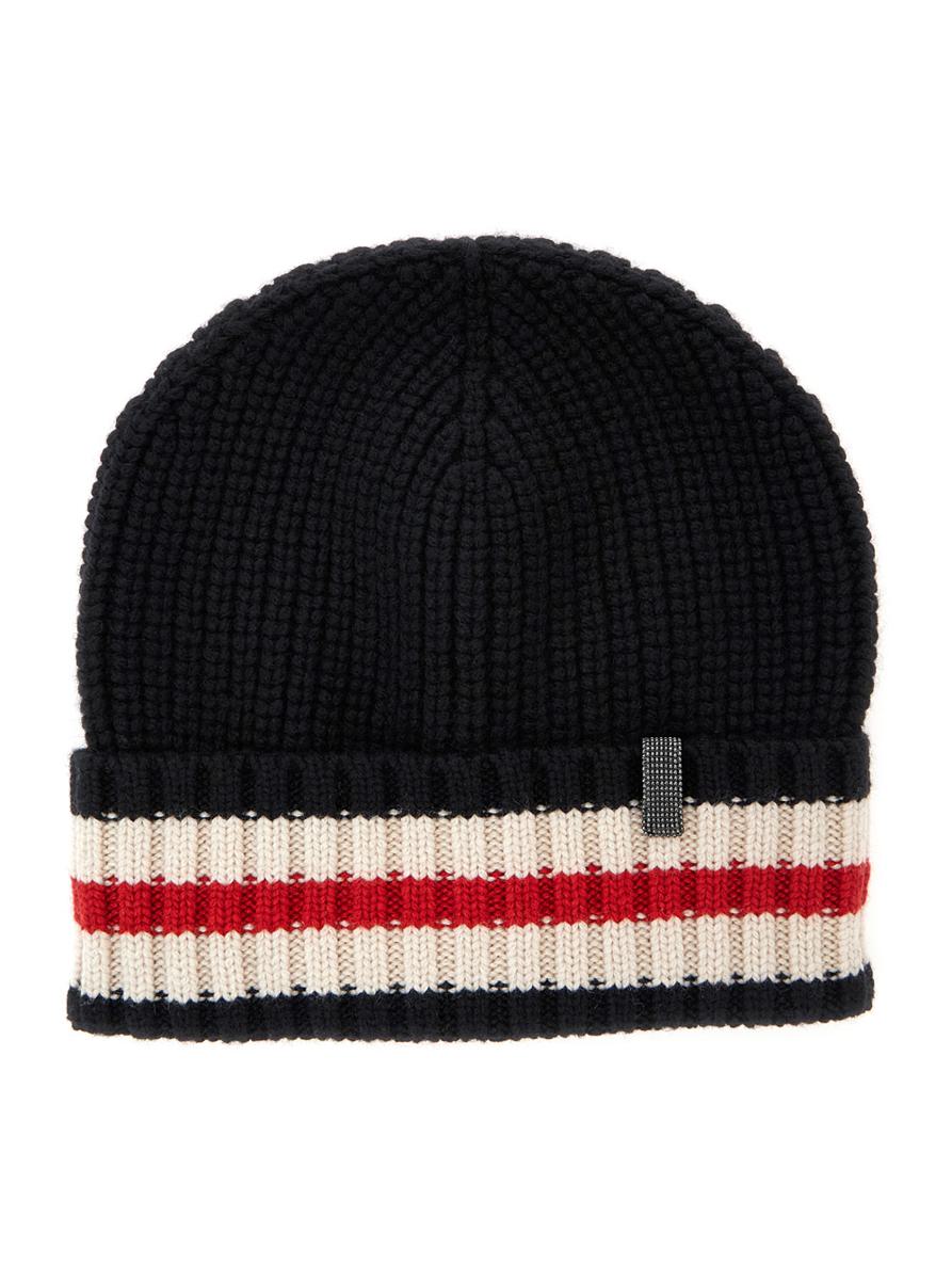 black beanie with tricolor and monile detail in cashmere woman