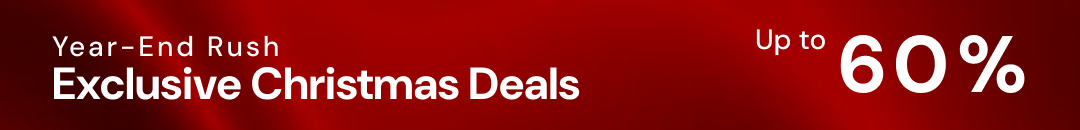 A banner with a bold red background offering up to 60% discounts for year-end Christmas deals.