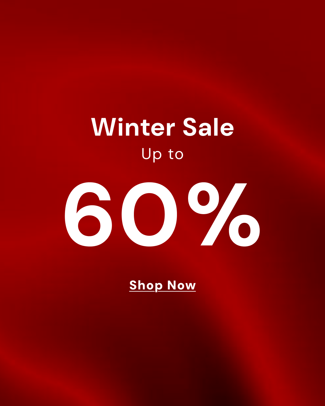 Winter Sale - Up to 60% Off!” on a vibrant red background. Features a stylish woman in a pink puffer jacket and a man in a brown shearling jacket.