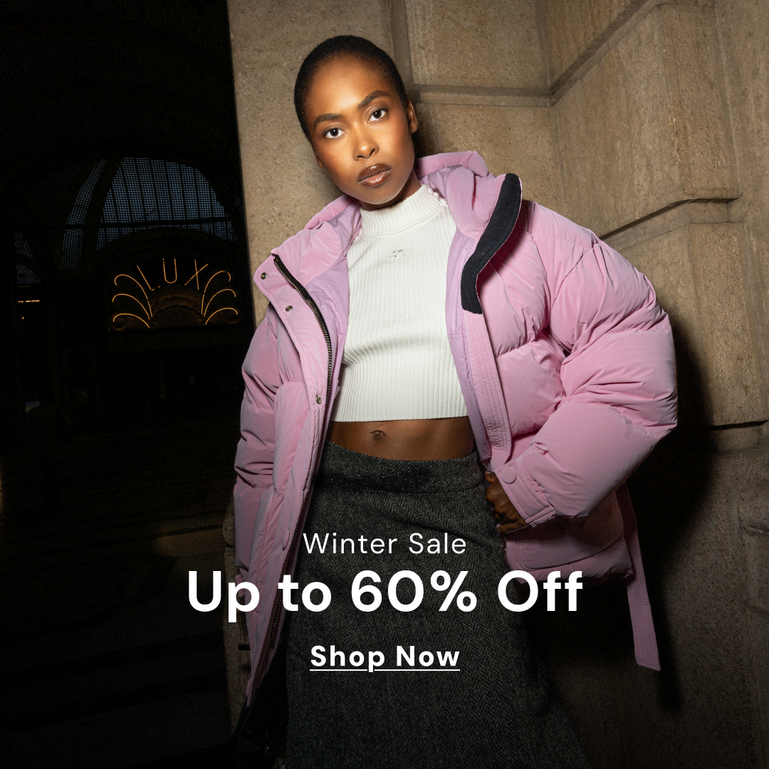 A wider layout showcasing multiple products—a black leather backpack, the pink jacket model, and a male model in a brown shearling jacket—offering “Up to 60% Off” as part of the sale.