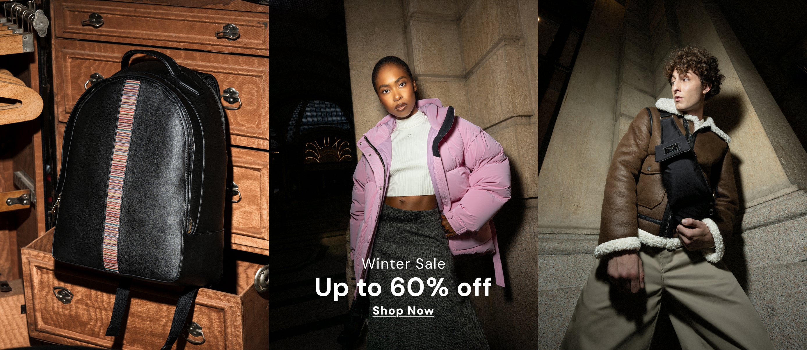 A wider layout showcasing multiple products—a black leather backpack, the pink jacket model, and a male model in a brown shearling jacket—offering “Up to 60% Off” as part of the sale.