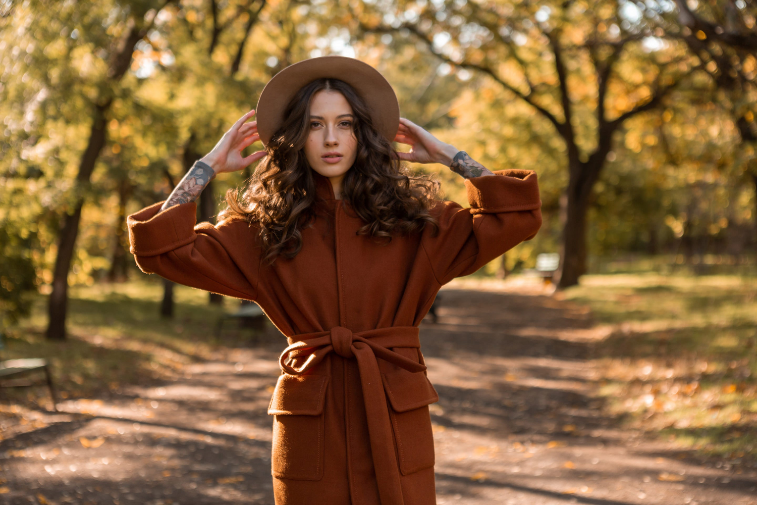 Women Fall Fashion Trends image, attractive stylish woman walking in park dressed in warm brown coat