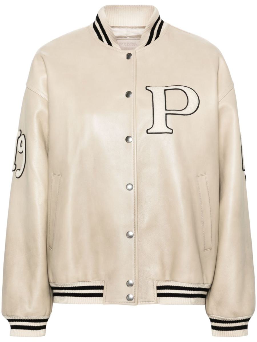 prada logo-appliqué leather bomber jacket