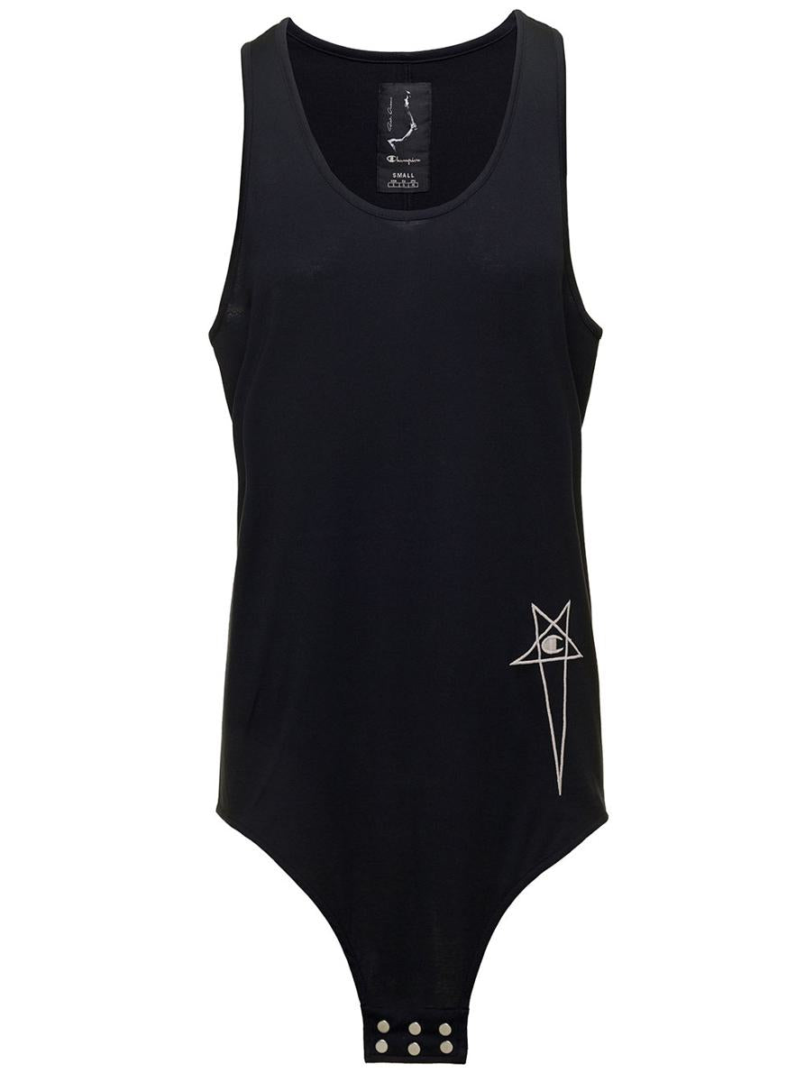 'basketball tank' long black tank top with pentagram embroidery and a six snap closure hanging in cotton woman