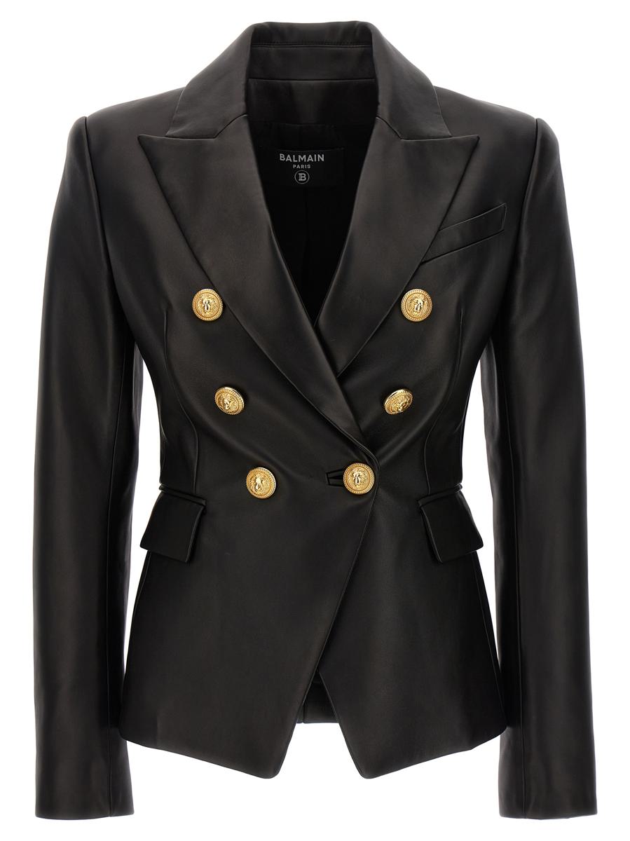 balmain double-breasted leather blazer