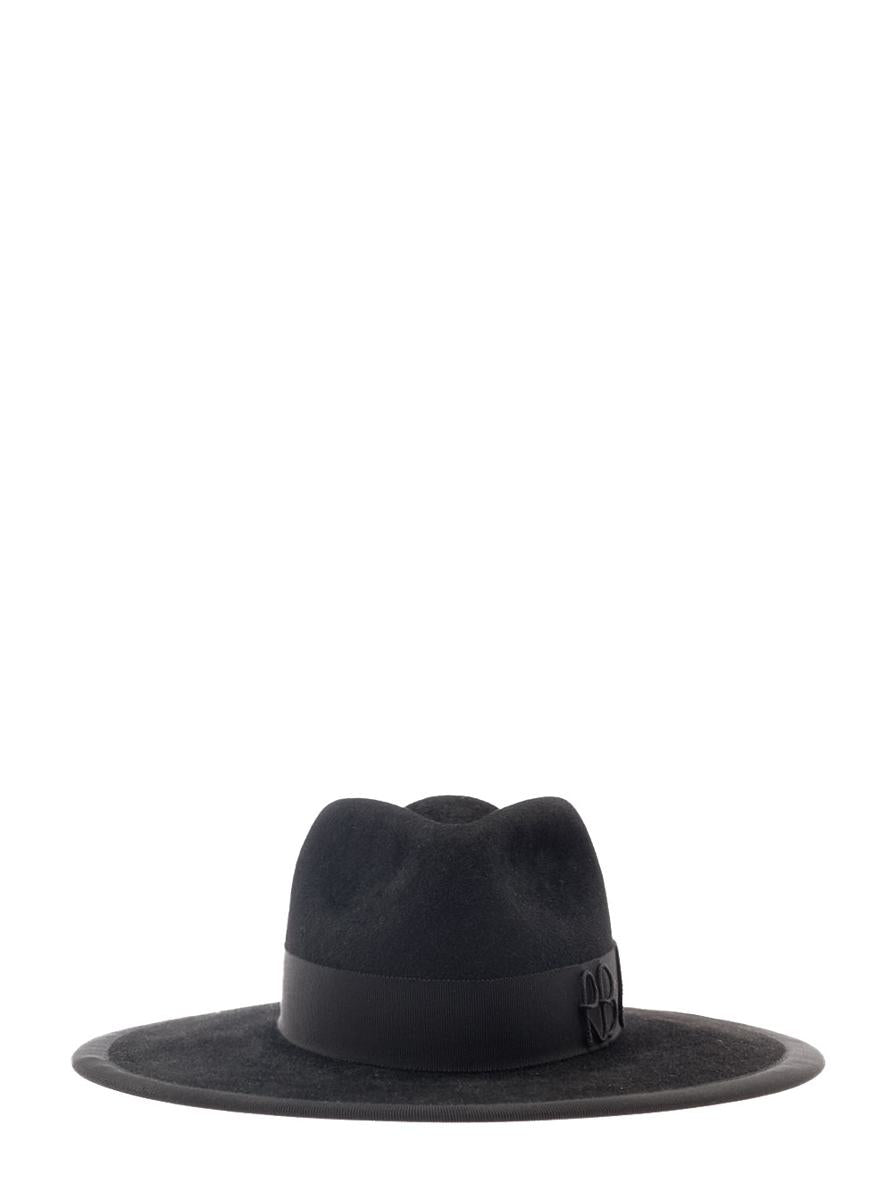 black fedora hat with rb embroidery in felt woman