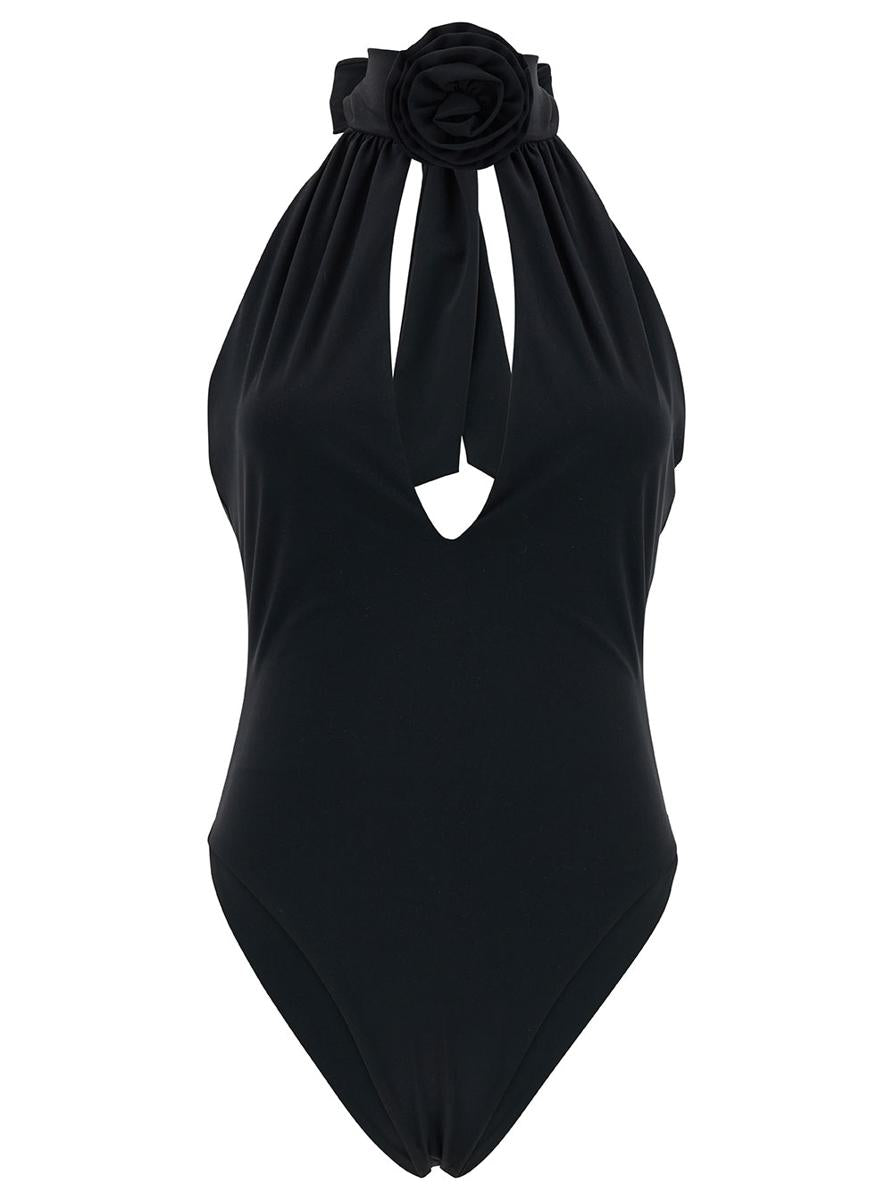 black one-piece swimsuit with rose application in polyamide woman