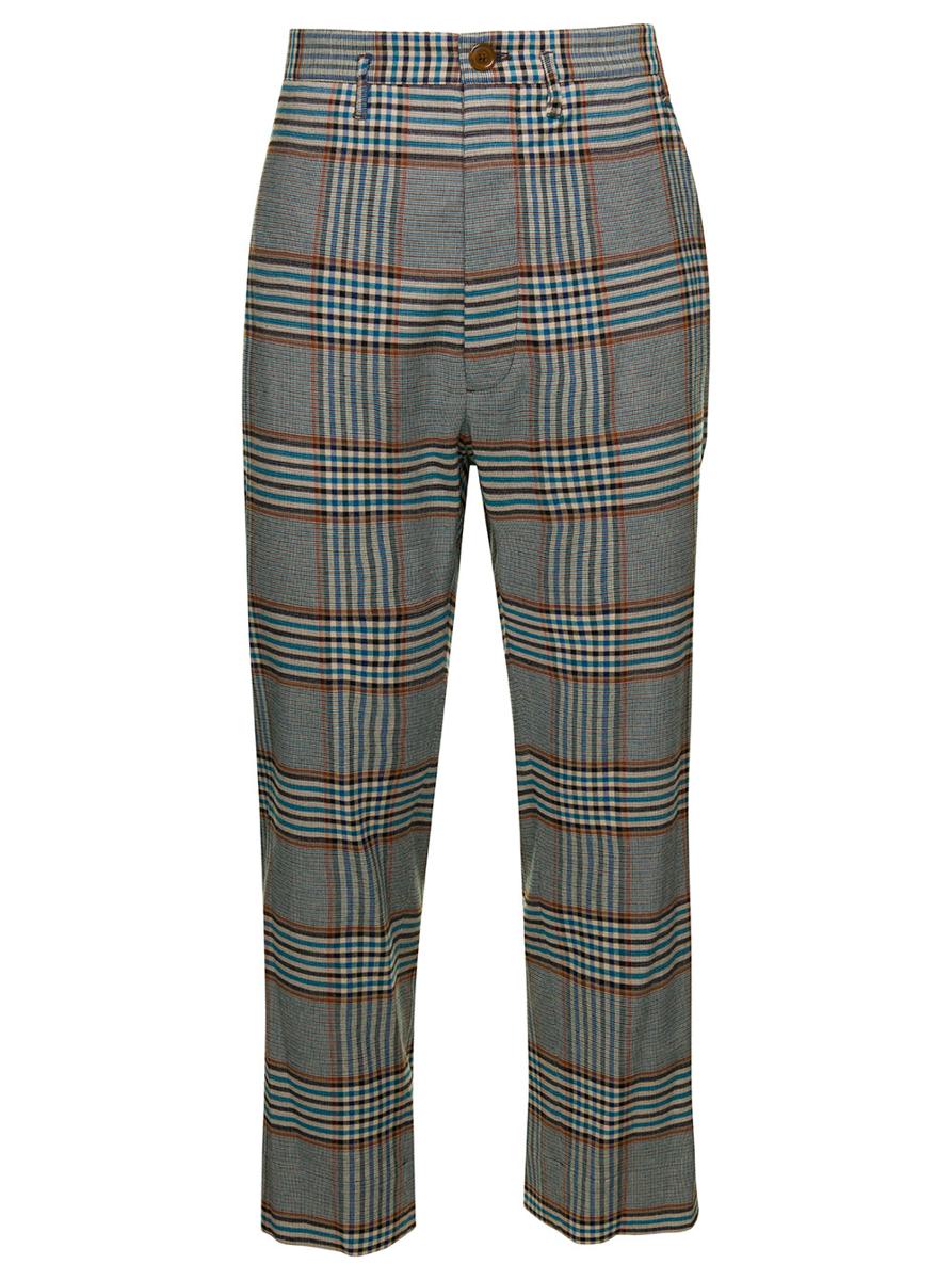 grey high-waisted pants with check motif in viscose and wool blend man