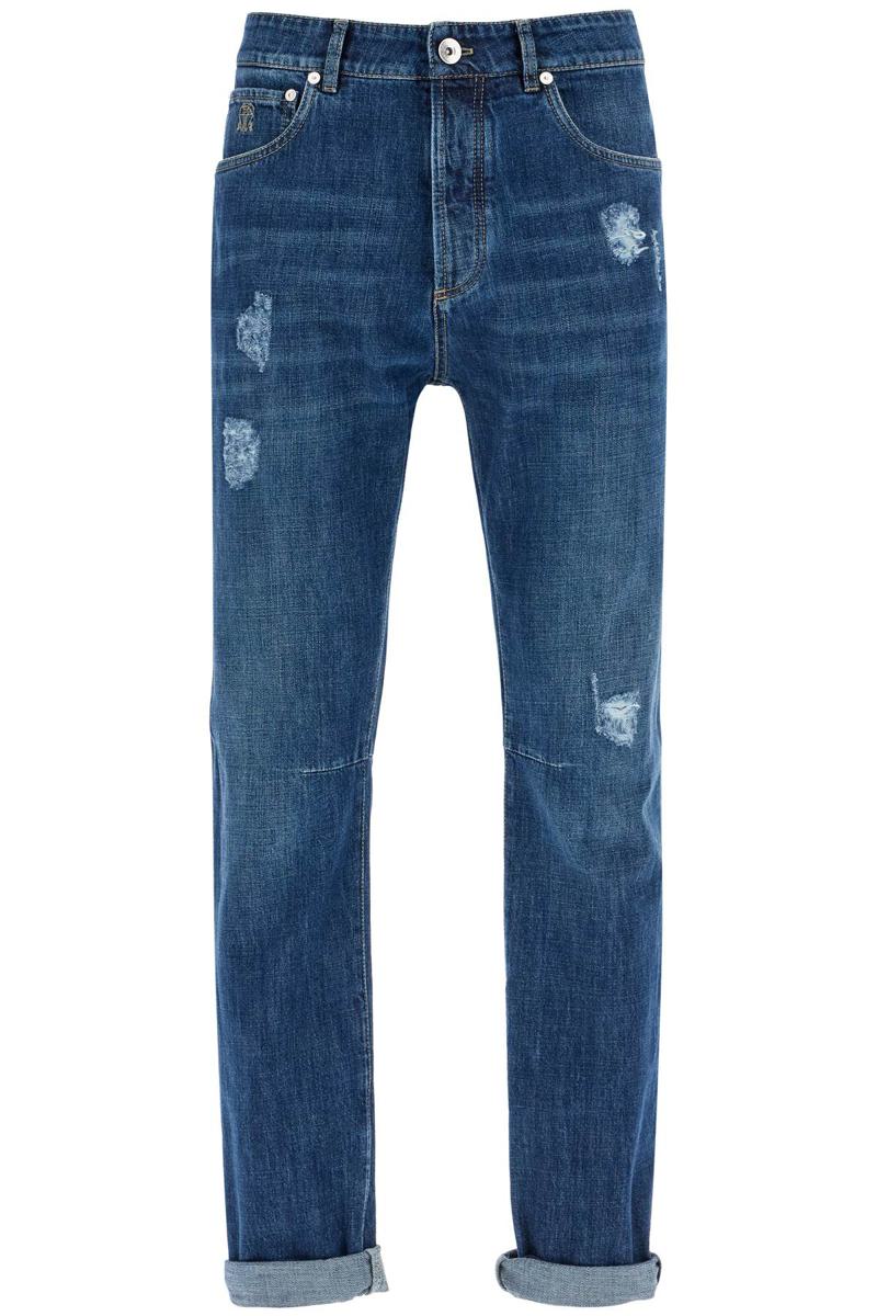 'distressed denim leisure fit jeans for