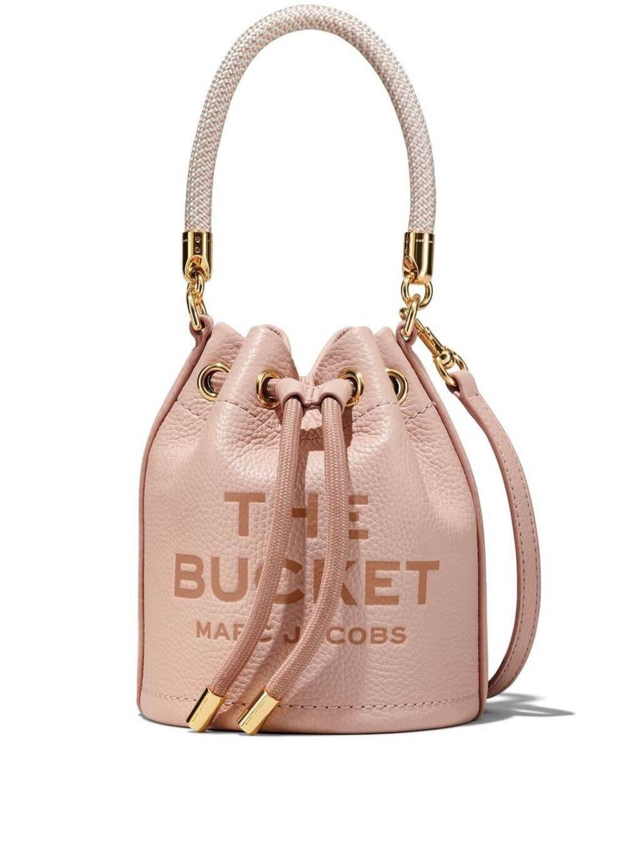 'the leather bucket' mini pink handbag with drawstring and front logo in hammered leather woman