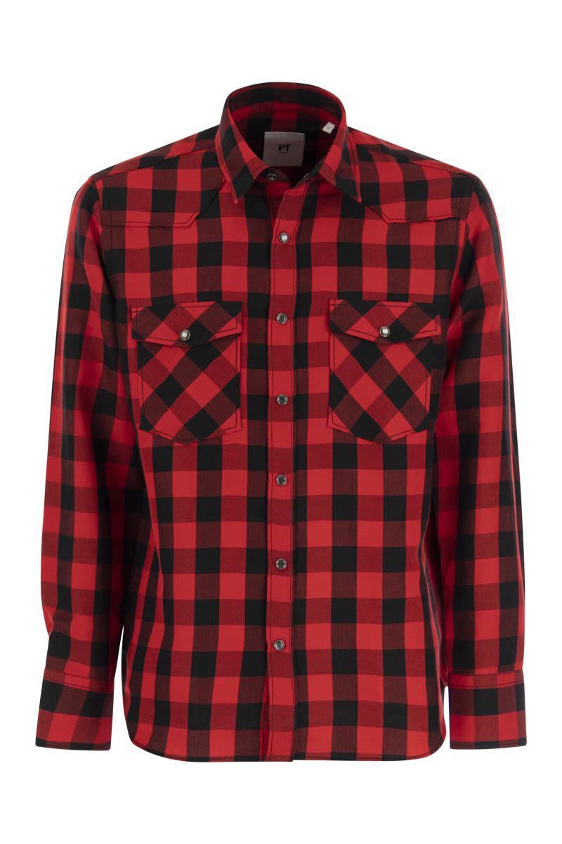 pt torino checked shirt in cotton and linen blend