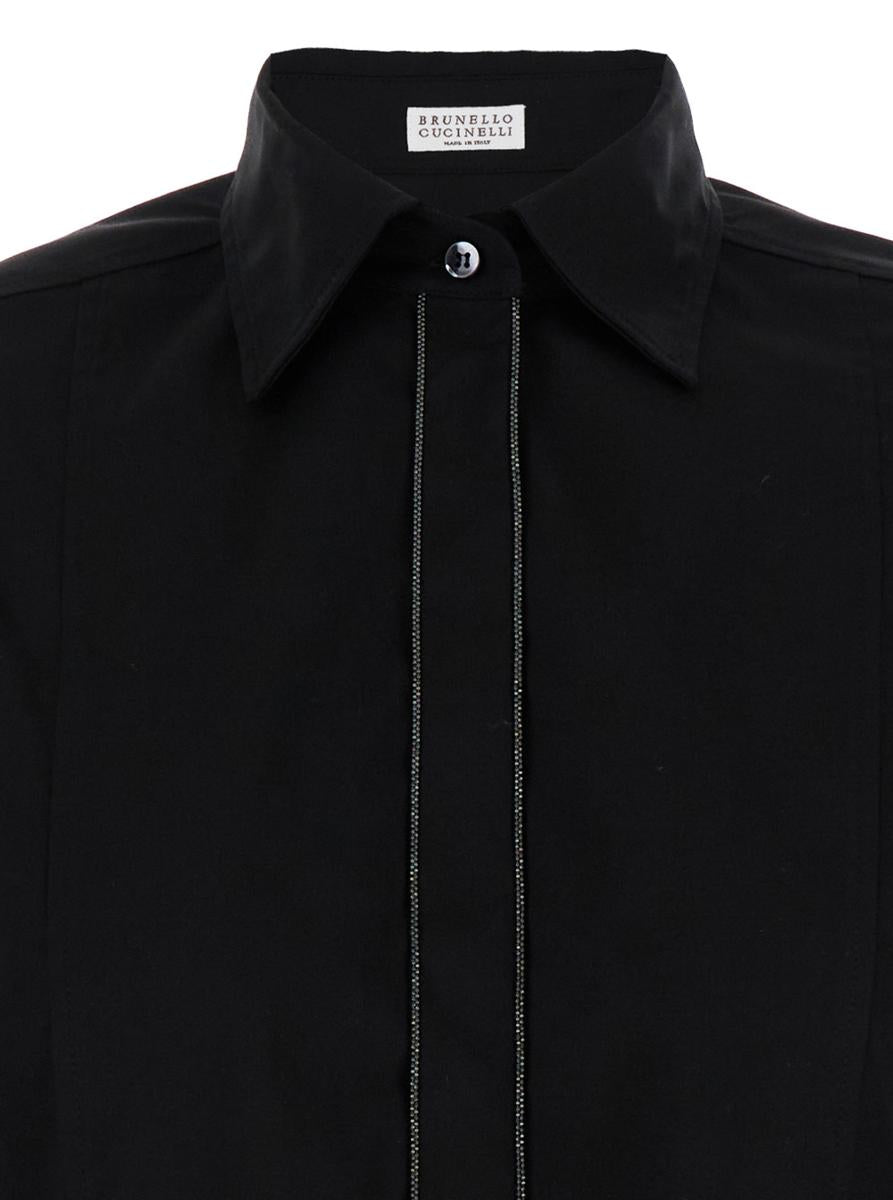 black shirt with shiny trims in stretch cotton popeline and crispy silk woman