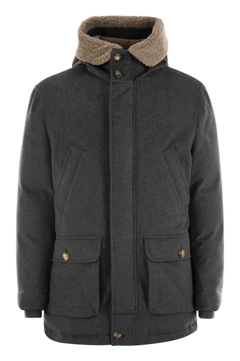 brunello cucinelli membranated wool flannel parka down jacket with hood and shearling insert